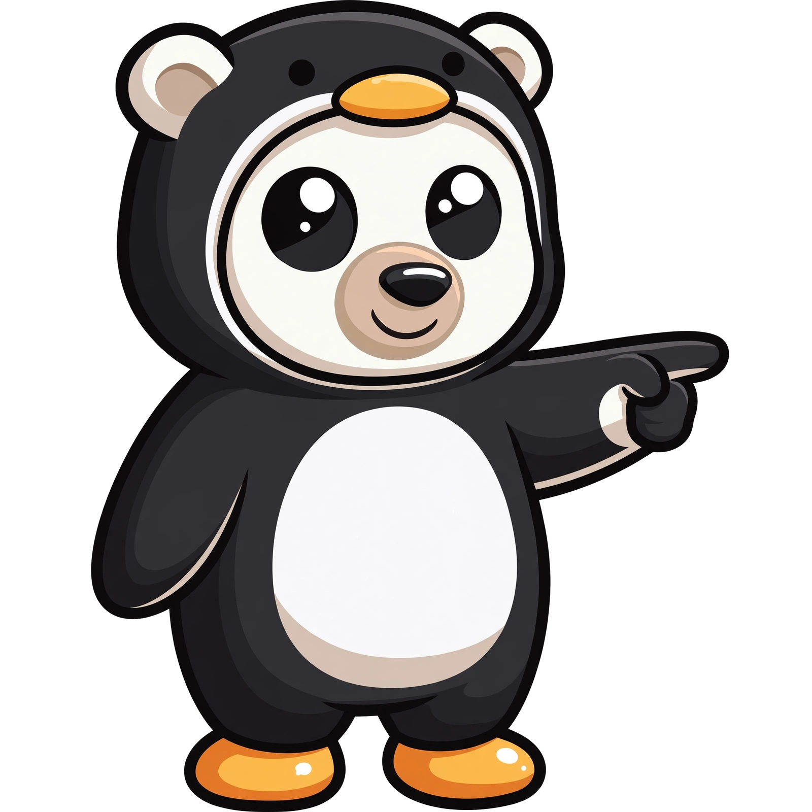 A polar bear in a penguin suit pointing